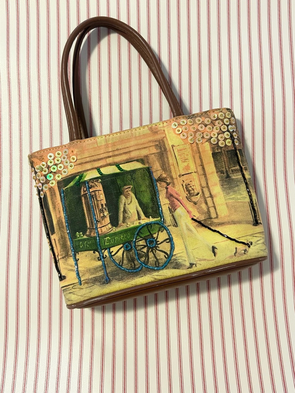 hand beaded and sequin brown leather mini bag w vintage Italian scene